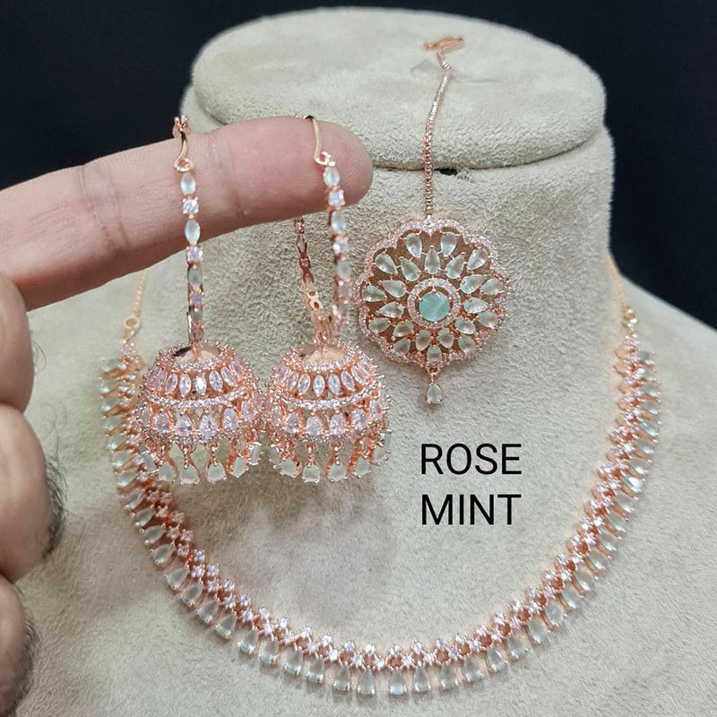 Rose gold American diamond necklace set, Crystal mint green Jewelry