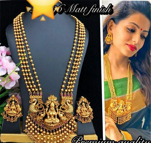 Manisha Jewellery Gold Plated Pink & Green Pota Stone Temple Haram Necklace Set