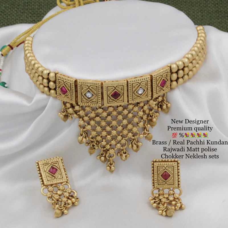 Manisha Jewellery Brass Real Pachhi Kundan Rajwadi Matte Polish Choker Necklace Set