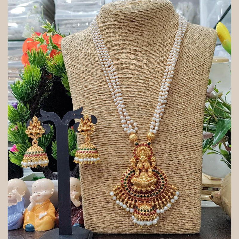 Manisha Jewellery Gold Plated Pink & Green Pota Stone & Pearl Haram Temple Necklace Set