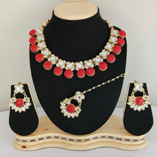 Manisha Jewellery Gold Plated Pota Stone Floral Necklace Set With Maangtikka