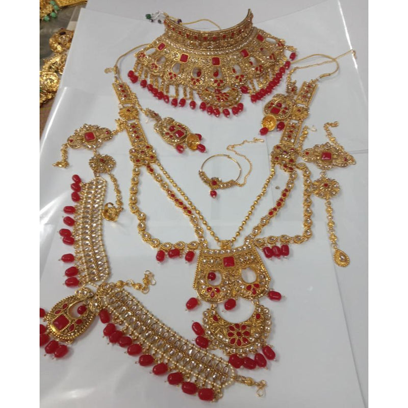 Neetu Art Gold Plated Red Stone And Kundan Bridal Jewellery Set for Women  - NABridal18