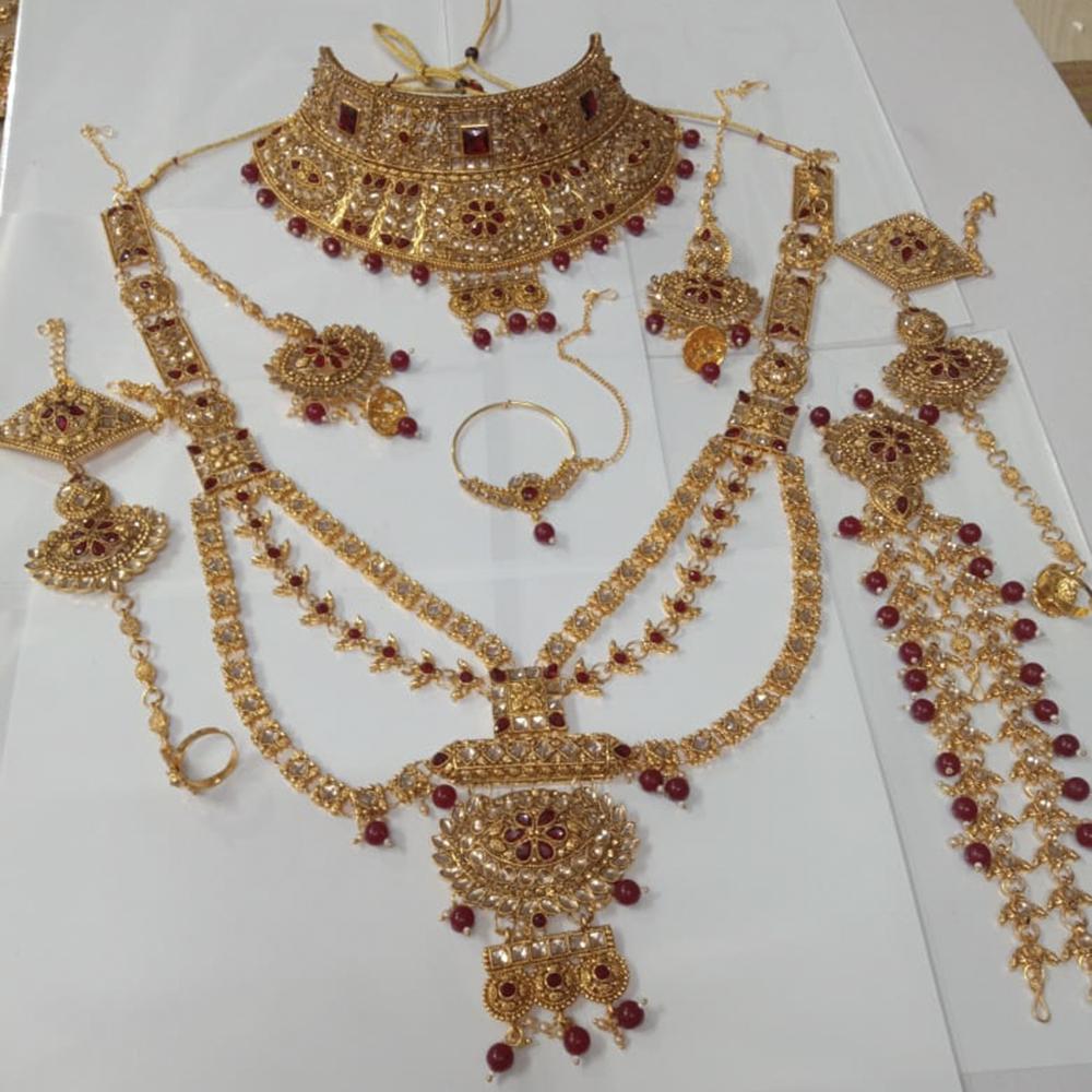 Neetu Art Gold Plated Maroon Stone And Kundan Bridal Jewellery Set for Women  - NABridal20