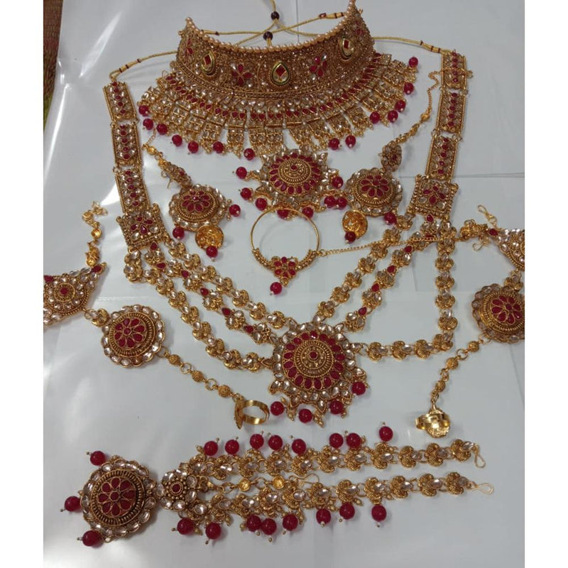 Neetu Art Gold Plated Red Stone And Kundan Bridal Jewellery Set for Women  - NABridal21
