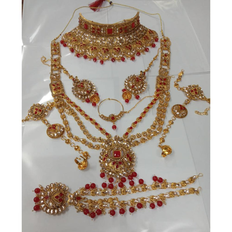 Neetu Art Gold Plated Red Stone And Kundan Bridal Jewellery Set for Women  - NABridal26