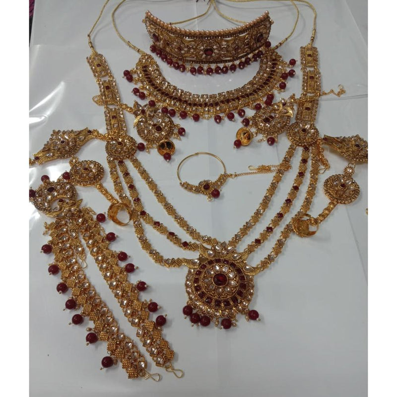 Neetu Art Gold Plated Maroon Stone And Kundan Bridal Jewellery Set for Women  - NABridal30