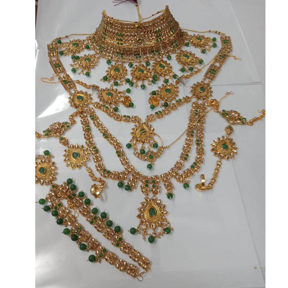 Neetu Art Gold Plated Green Stone And Kundan Bridal Jewellery Set for Women  - NABridal31