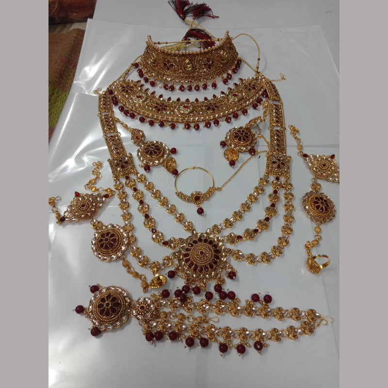 Neetu Art Gold Plated Maroon Stone And Kundan Bridal Jewellery Set for Women  - NABridal34