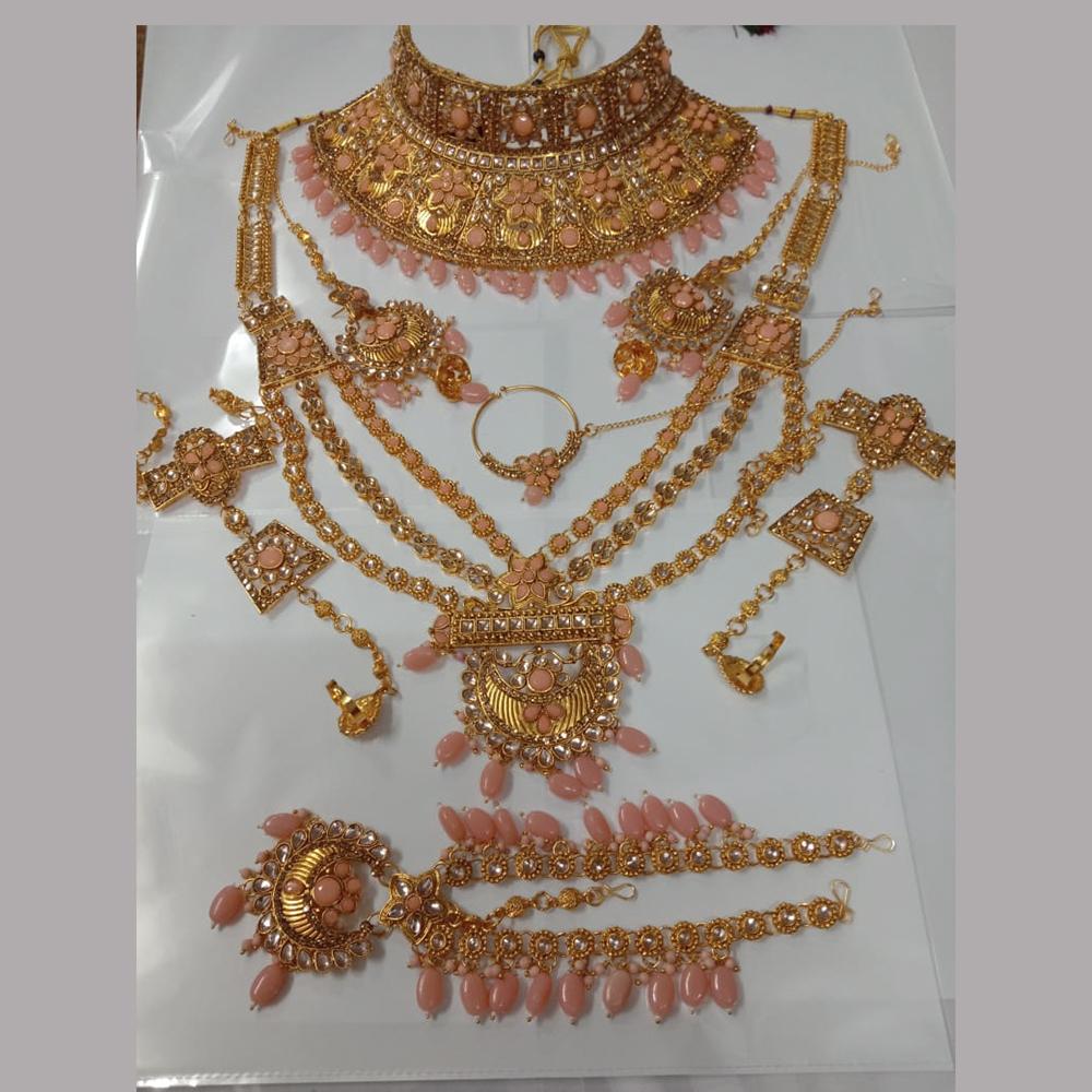 Neetu Art Gold Plated Peach Stone And Kundan Bridal Jewellery Set for Women  - NABridal35