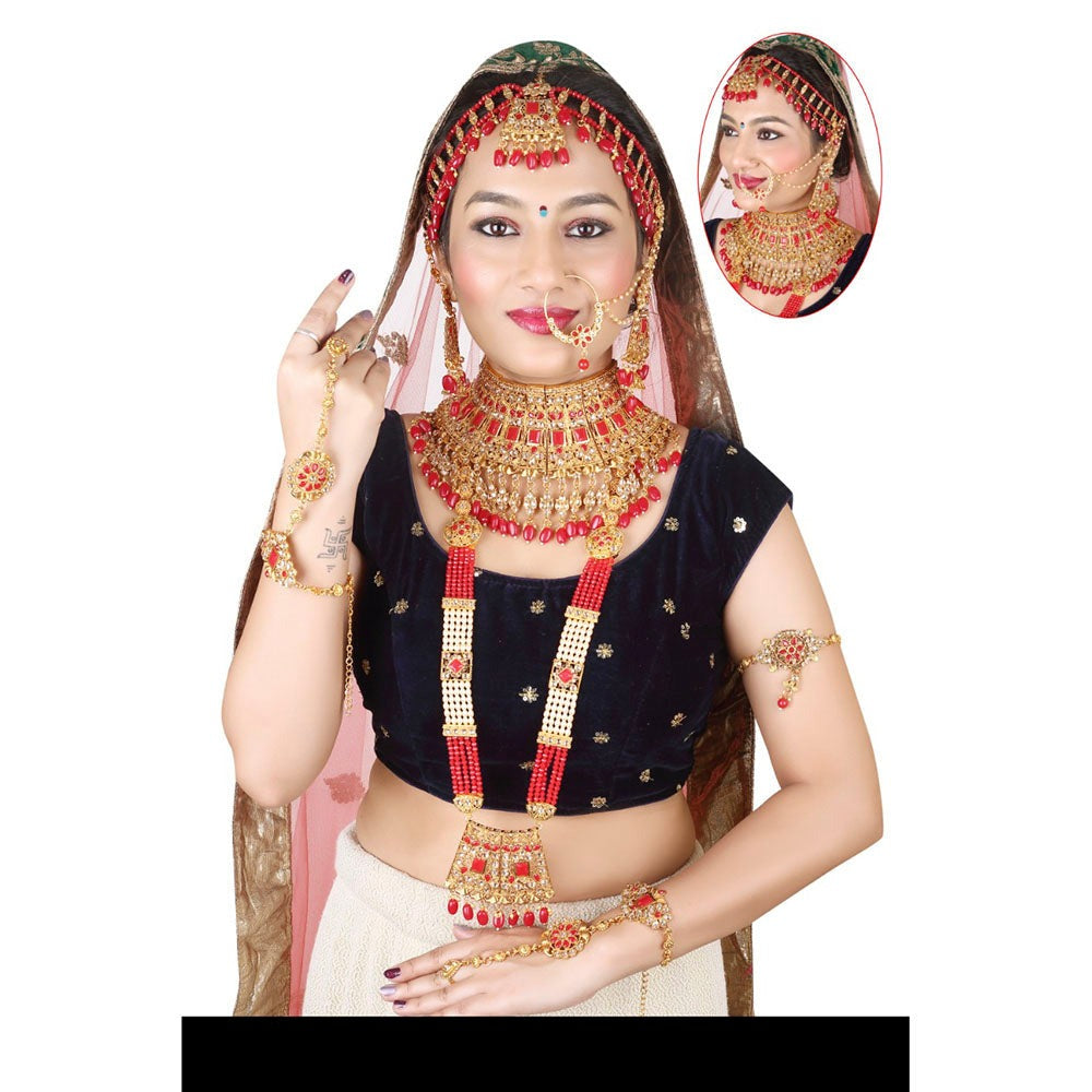 Neetu Art Gold Plated Red Stone And Kundan Bridal Jewellery Set for Women
