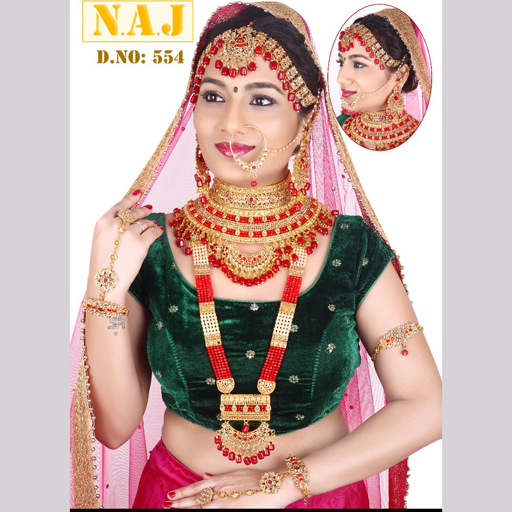 Neetu Art Gold Plated Red Stone And Kundan Bridal Jewellery Set for Women