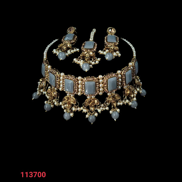 NAFJ Austrian Stone Gold Plated Choker Necklace Set With Maangtikka