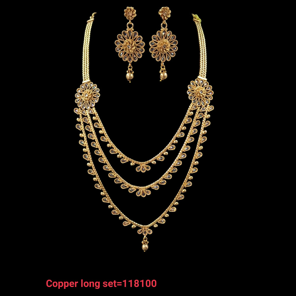NAFJ Copper Kundan Stone & Beads Long Haram Necklace Set