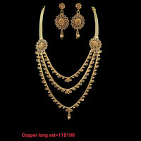 NAFJ Copper Kundan Stone & Beads Long Haram Necklace Set