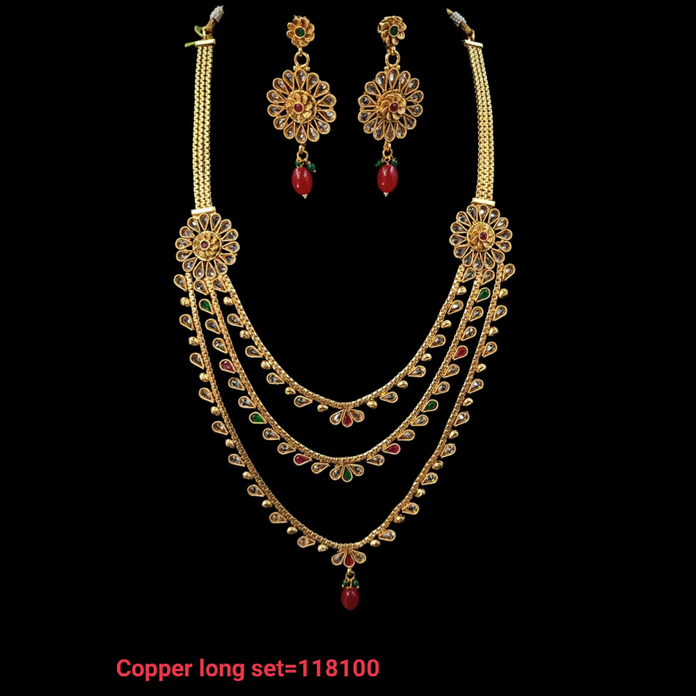 NAFJ Copper Kundan Stone & Beads Long Haram Necklace Set