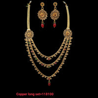 NAFJ Copper Kundan Stone & Beads Long Haram Necklace Set