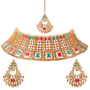 Neetu Art Gold Plated Austrian Stone Green & Red Choker Necklace Set With Maangtikka
