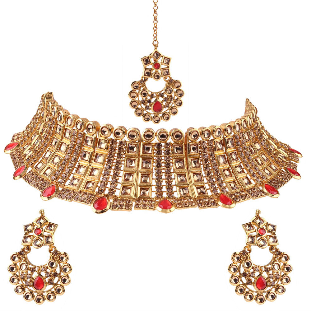 Neetu Art Gold Plated Austrian Stone Red Choker Necklace Set With Maangtikka