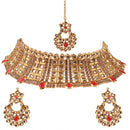 Neetu Art Gold Plated Austrian Stone Red Choker Necklace Set With Maangtikka