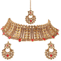 Neetu Art Gold Plated Austrian Stone Red Choker Necklace Set With Maangtikka