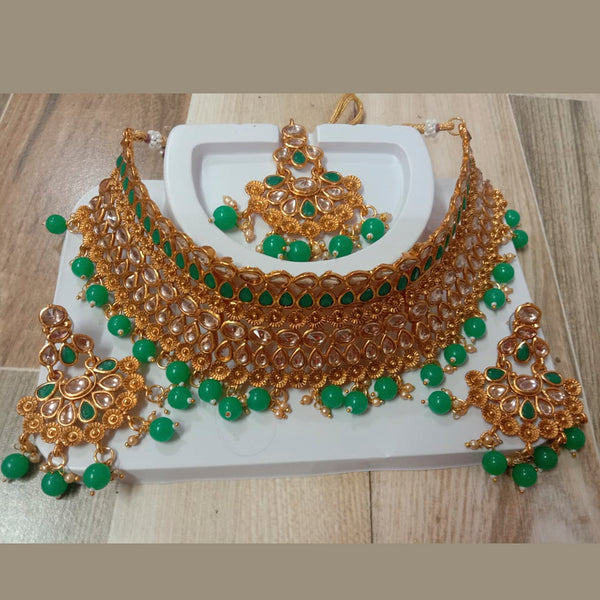 Neetu Art Gold Plated Kundan Stone & Beads Choker Necklace Set With Maangtikka