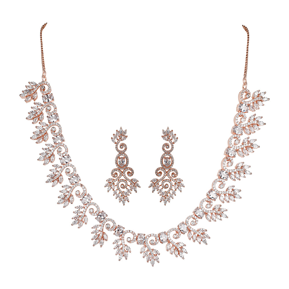 Kord Store Rose Gold Plated Handcrafted Zircon Stone Studded Floral Necklace Set for Women