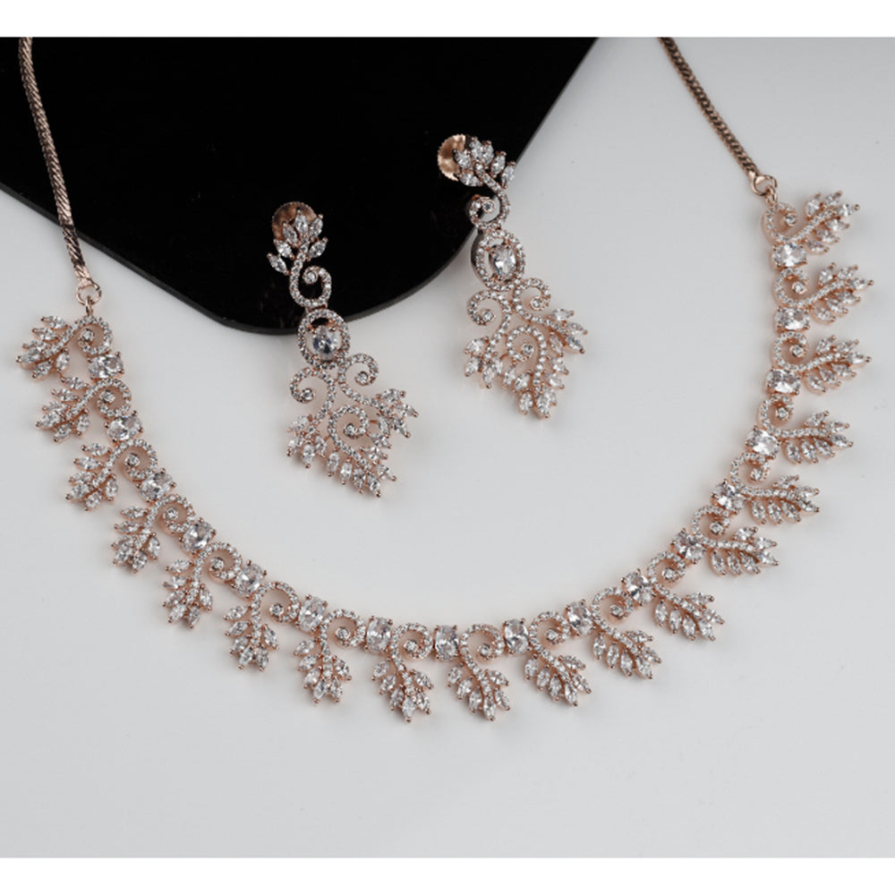 Kord Store Rose Gold Plated Handcrafted Zircon Stone Studded Floral Necklace Set for Women