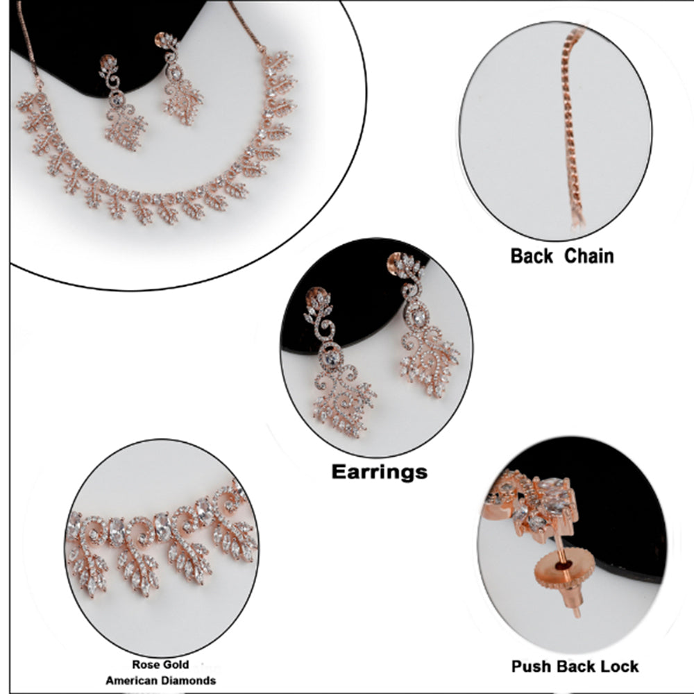 Kord Store Rose Gold Plated Handcrafted Zircon Stone Studded Floral Necklace Set for Women