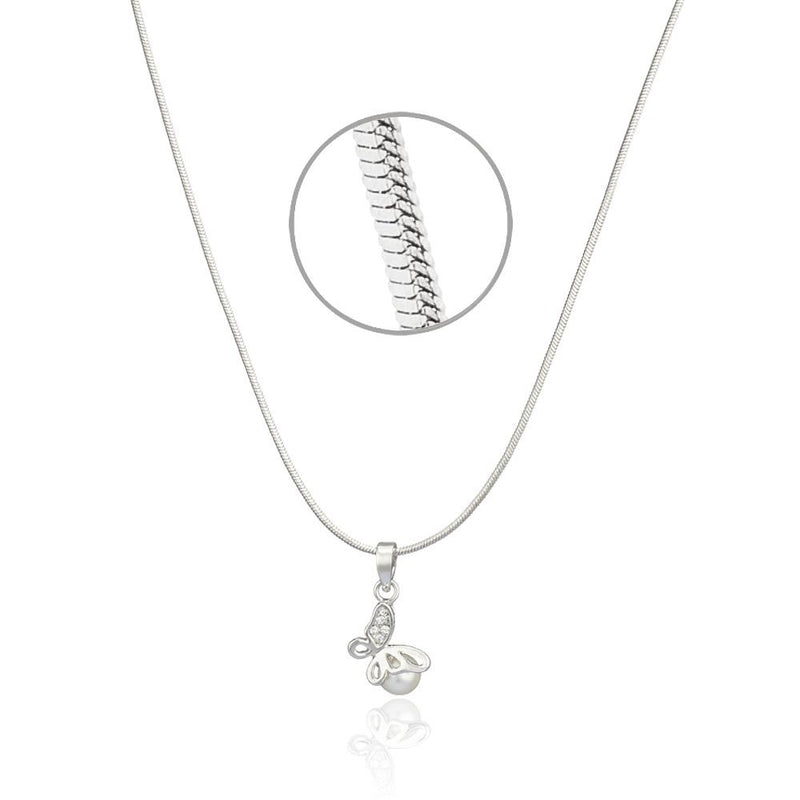 Mahi Rhodium Plated White Artificial Pearl Butterfly Pendant Set