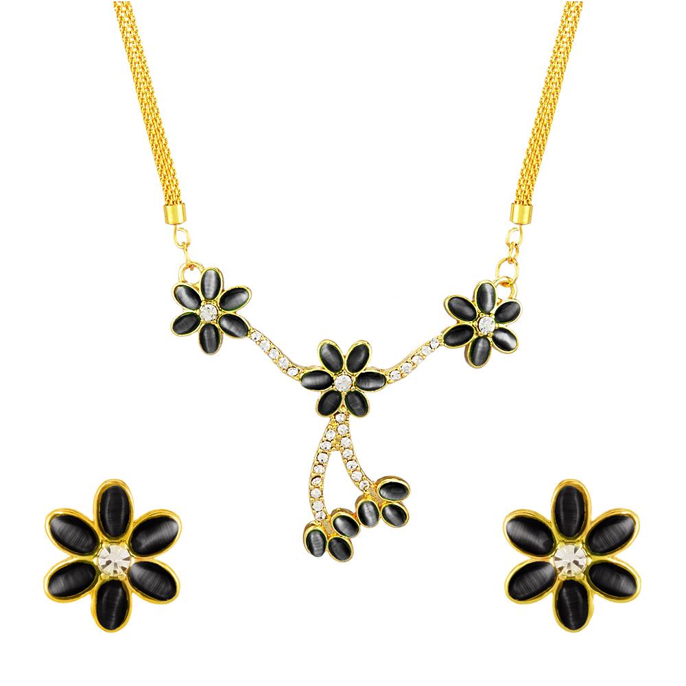 Mahi Monalisa Cats Eye Black Flower Gold Plated Necklace Set for Women for Women