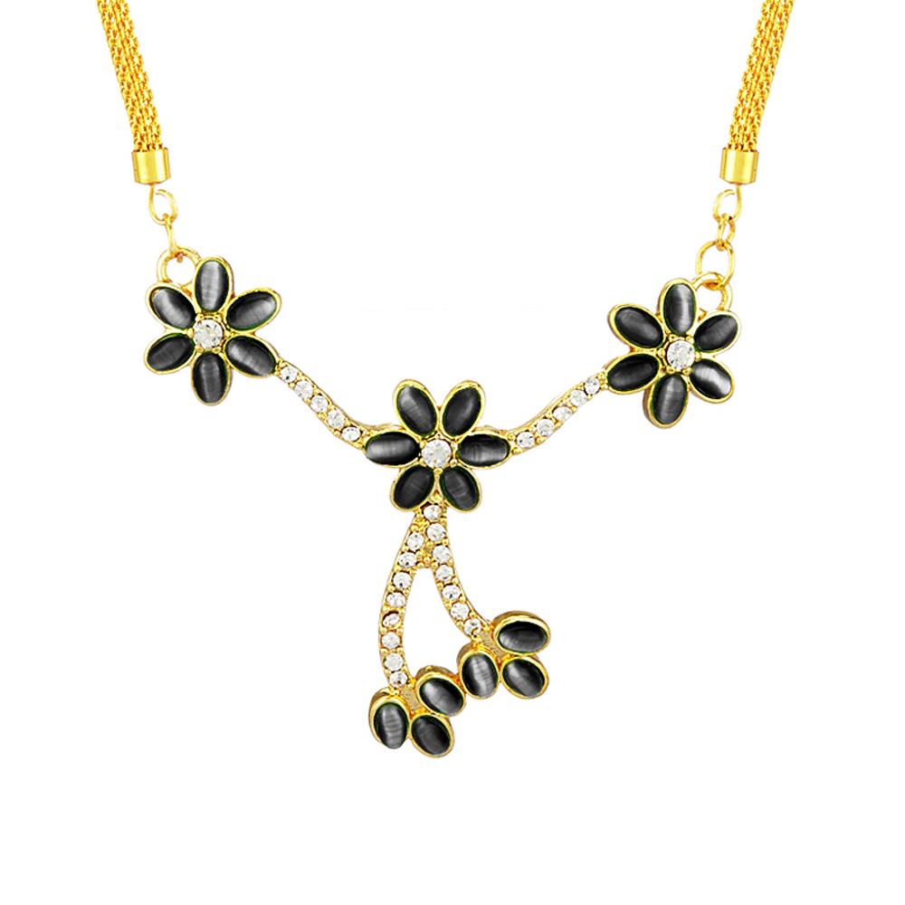 Mahi Monalisa Cats Eye Black Flower Gold Plated Necklace Set for Women for Women