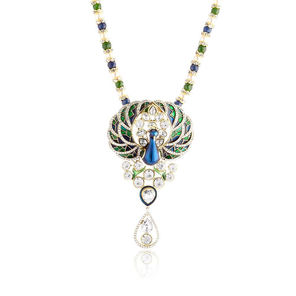 Mahi Crystal Pearl Blue Green Ethnic Peacock Pendant for Women