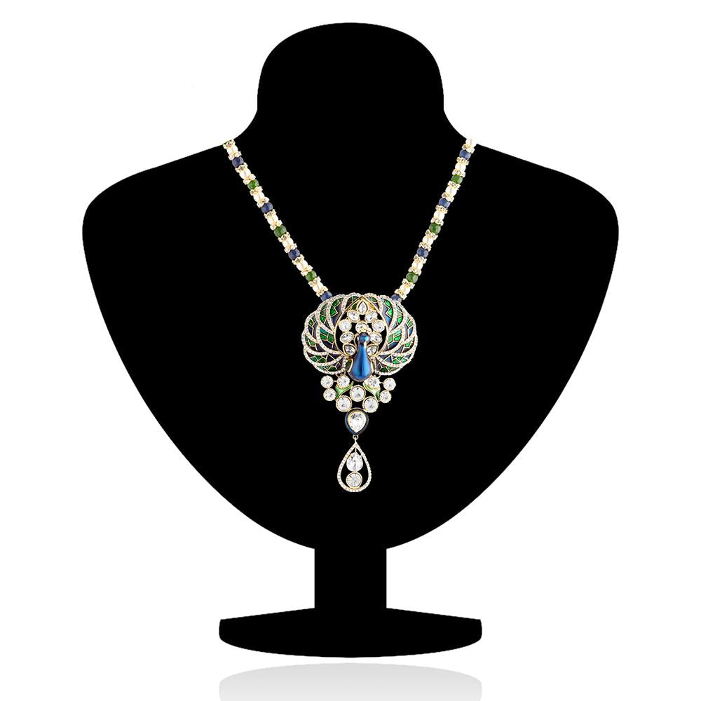 Mahi Crystal Pearl Blue Green Ethnic Peacock Pendant for Women