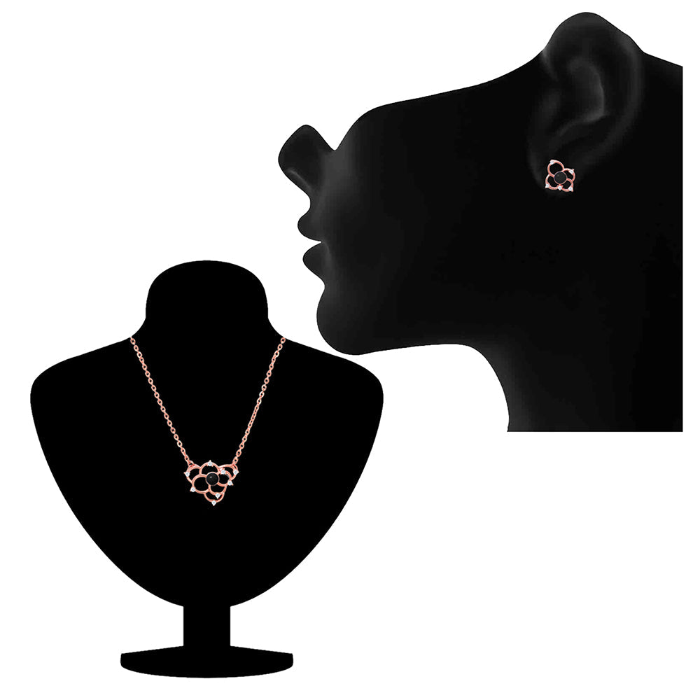 Mahi Rose Gold Black Cubic Zirconia Flower Pendant Set for Women (NL1103668ZBla)