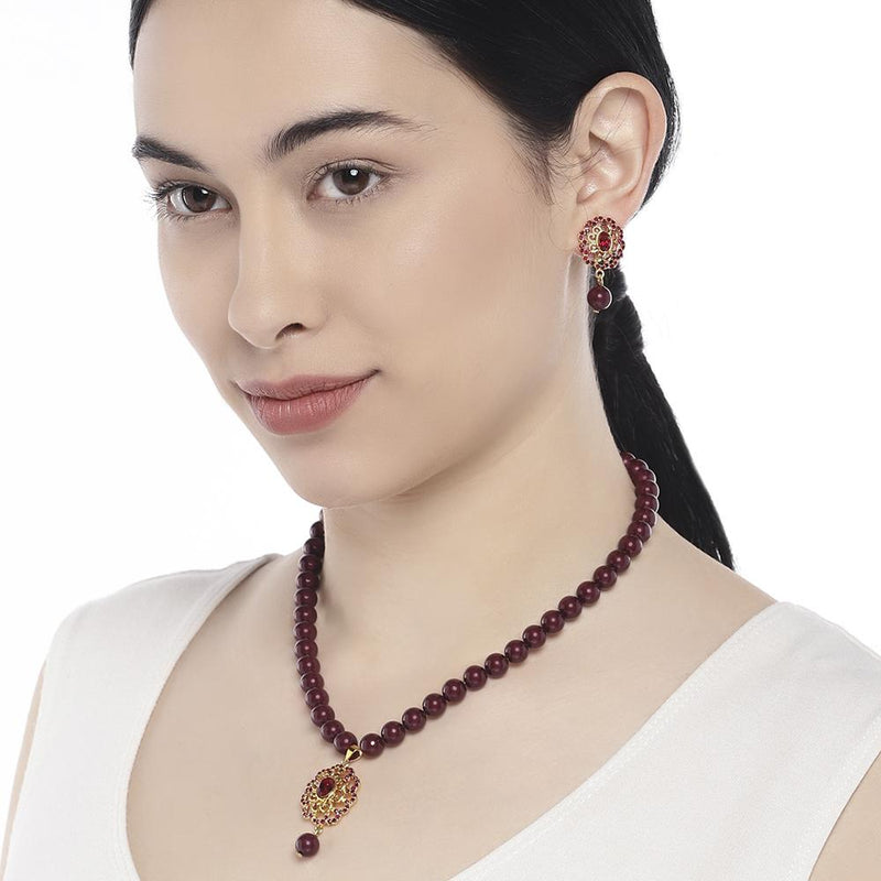 Mahi Valentine Gift Marron Crystals and Artificial Pearls Floral Necklace Stet for Women (NL1103770GMar)