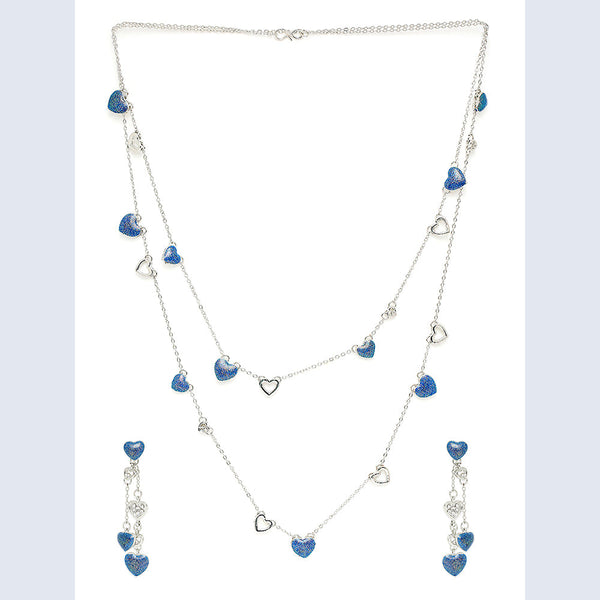 Mahi Rose Blue Heart Sparkels Crystal Layered Necklace with Dangler Earrings for Women (NL11037947RBlu)