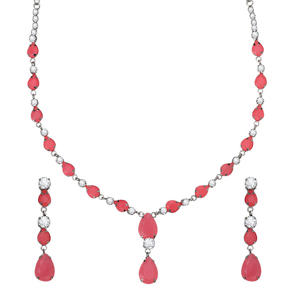 Mahi Rhodium Plated Cute & Delicate Pink Crystals Necklace Set for Women (NL1103805RPin)