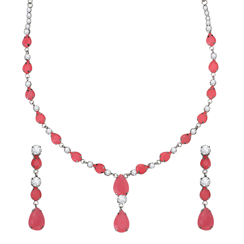 Mahi Rhodium Plated Cute & Delicate Pink Crystals Necklace Set for Women (NL1103805RPin)