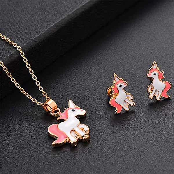Mahi Rose Gold Plated Meena Enamelled Cute Unicorn Design Stud Earring & Necklace for Women (NL1103809ZPinWhi)