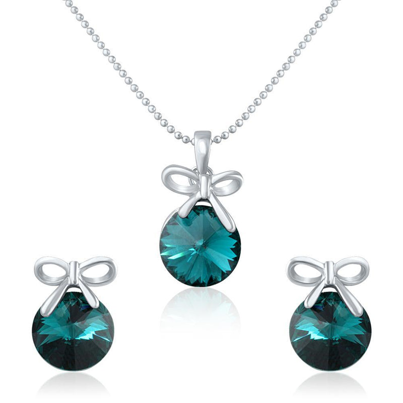 Mahi Rhodium Plated Blue Swarovski Crystal Pendant Set for Women Green