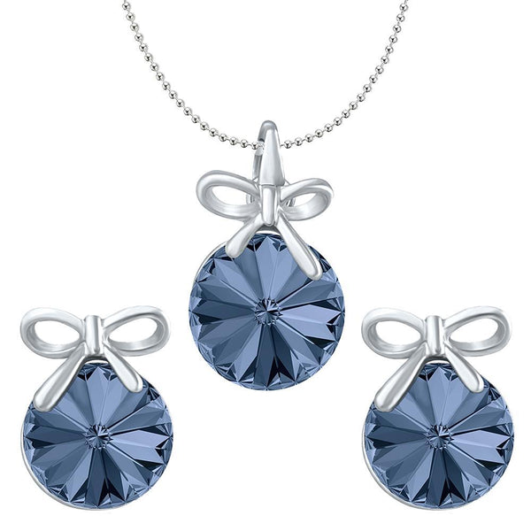 Mahi Valentine Gift with Montana Blue Swarovski Crystals Rhodium Plated Bow Pendant Set for Women