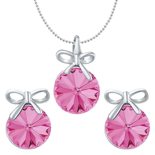 Mahi Valentine Gift with Rose Pink Swarovski Crystals Rhodium Plated Bow Pendant Set for Women