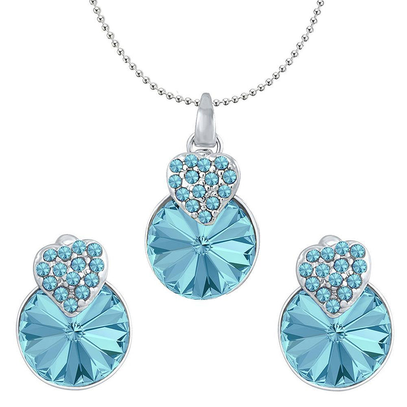 Mahi Valentine Gift with Aqua Blue Swarovski Crystals Rhodium Plated Heart Pendant Set for Women