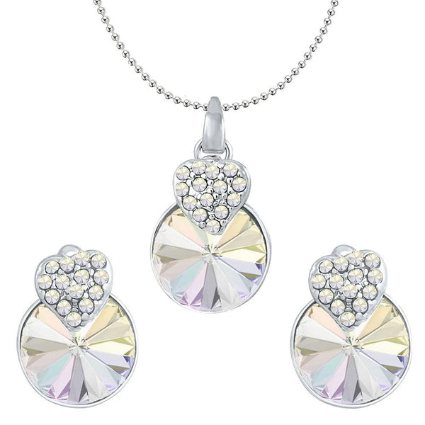 Mahi Valentine with White AB Gift Swarovski Crystals Rhodium Plated Heart Pendant Set for Women