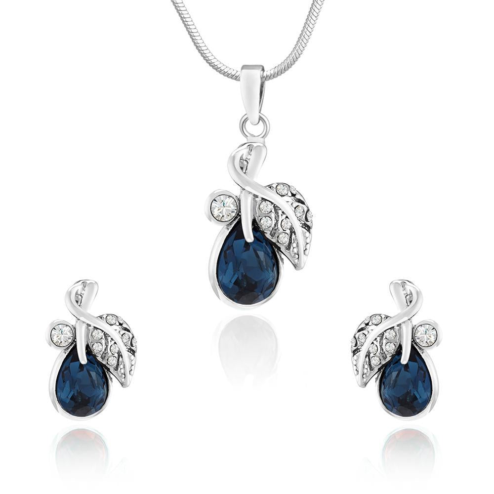 Mahi Rhodium Plated Montana Blue berry Marquise Pendant Set Made with Swarovski Crystal for Women