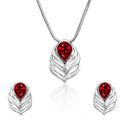 Mahi Rhodium Plated Red Drop Peacock Feather Pendant Set Made with Swarovski Crystal for Women