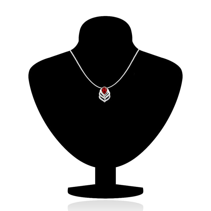 Mahi Rhodium Plated Red Drop Peacock Feather Pendant Set Made with Swarovski Crystal for Women