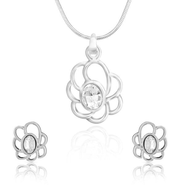 Mahi Rhodium Plated White Oval Floral Pendant Set Made with Swarovski Crystal for Women