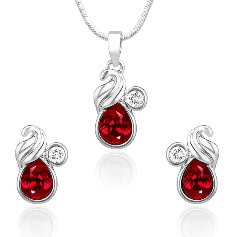 Mahi Rhodium Plated Red Marquise Peacock Pendant Set Made with Swarovski Crystal for Women
