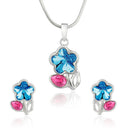Mahi Rhodium Plated Pink Drop and Blue Floral Pendant Set Made with Swarovski Crystal for Women